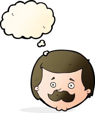 Bir insan tarafından çizilmiş düşünce baloncuklu bıyıklı çizgi film adamı.