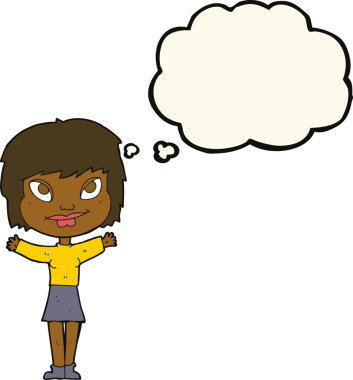 Bir insan tarafından çizilmiş düşünce baloncuğuyla kollarını sallayan çizgi film kadını.