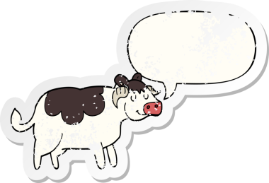 Konuşma baloncuğu olan çizgi film ineği bir insan tarafından çizilmiş sıkıntılı eski bir çıkartma