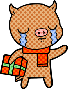 Bir insan tarafından çizilmiş Noel hediyesi için ağlayan bir domuz.