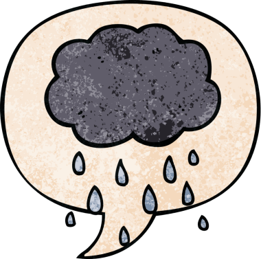 Bir insan tarafından çizilmiş eski dokuda konuşma baloncuğuyla yağmur yağıyor.