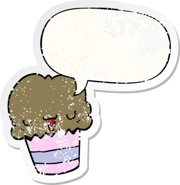 Yüzü konuşma baloncuğu olan çizgi film keki bir insan tarafından çizilmiş sıkıntılı eski bir çıkartma