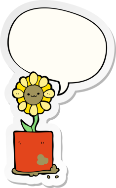 Bir insan tarafından çizilmiş baloncuk çıkartmalı şirin bir karikatür çiçeği.