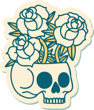 Bir insan tarafından çizilmiş, geleneksel bir kafatası ve gül stili dövme çıkartması.