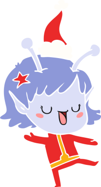 Mutlu uzaylı kız el çizimi bir insan tarafından çizilmiş Noel Baba şapkasının düz renk çizimi