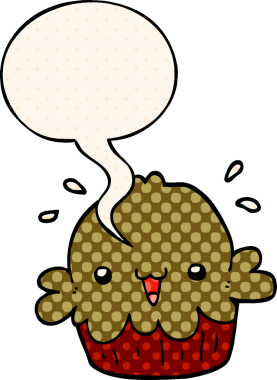 Bir insan tarafından çizilmiş çizgi roman tarzında konuşma baloncuğu olan şirin bir çizgi film pastası.