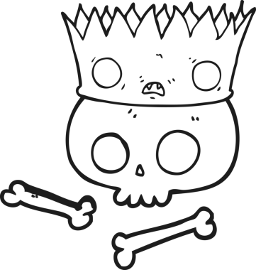 Bir insan tarafından çizilmiş eski kafatası üzerine siyah beyaz çizgi film tacı.