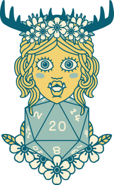 Retro Dövme Biçimi Yarı Ork Druid Bir insan tarafından çizilmiş 20 zar ile