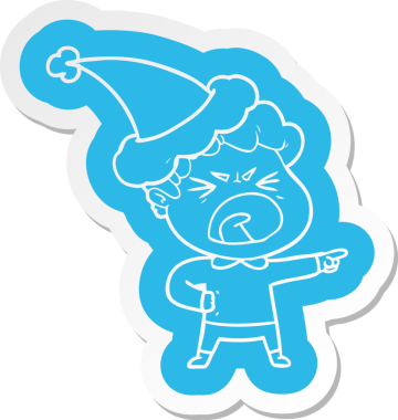 Bir insan tarafından çizilmiş Noel Baba şapkası giyen öfkeli bir adamın garip çizgi film etiketi.