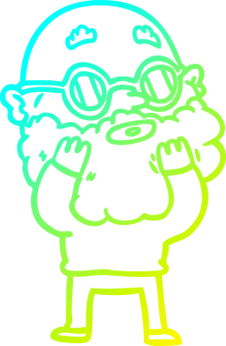 Bir insan tarafından çizilmiş sakallı ve güneş gözlüklü tuhaf bir çizgi film karakteri.