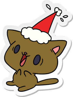 Bir insan tarafından çizilmiş kawaii kedisinin el çizimi Noel çıkartması.