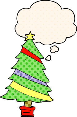 Çizgi roman tarzında bir insan tarafından çizilmiş düşünce baloncuğu olan bir noel ağacı.