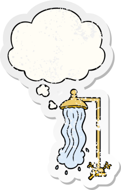 Düşünce baloncuklu çizgi film duşu bir insan tarafından çizilmiş yıpranmış bir çıkartma gibi.