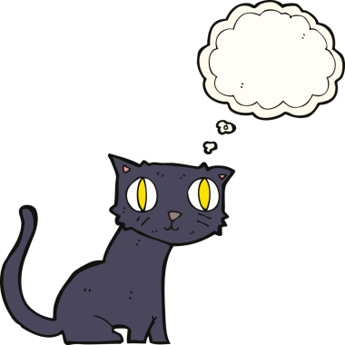 Bir insan tarafından çizilmiş düşünce baloncuklu kara kedi.