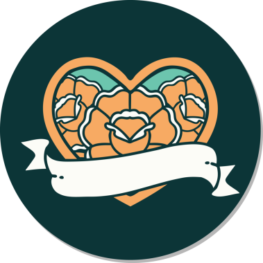 Geleneksel kalp stili dövme çıkartması ve bir insan tarafından çizilmiş çiçekli pankart.