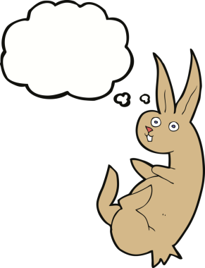Bir insan tarafından çizilmiş düşünce balonlu çizgi film tavşanı.