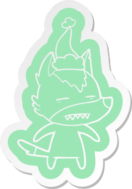 Bir insan tarafından çizilmiş Noel Baba şapkası takan bir kurdun garip çizgi film çıkartması.