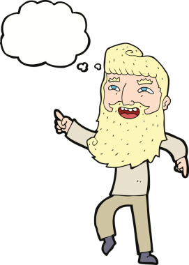 Çizgi filmdeki sakallı adam gülüyor ve bir insan tarafından çizilmiş düşünce balonuyla işaret ediyor.