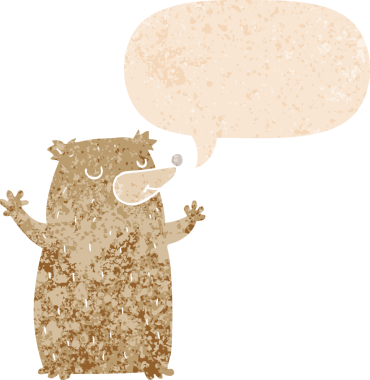 Bir insan tarafından çizilmiş grunge sıkıntılı retro biçimli konuşma balonu ile çizgi film ayısı