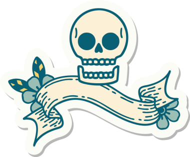 Bir insan tarafından çizilmiş kafatasının pankartıyla dövme stili etiketi