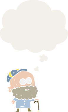 Düşünce baloncuğu olan yaşlı bir adam bir insan tarafından çizilmiş.