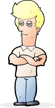 Bir insan tarafından çizilmiş kolları katlanmış çizgi film adamı.