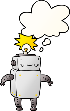 Bir insan tarafından çizilmiş, düşünce baloncuklu çizgi film robotu.