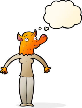 Bir insan tarafından çizilmiş düşünce balonlu tilki kadın.