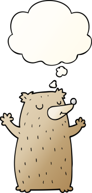 Bir insan tarafından çizilmiş yumuşak eğimli düşünce baloncuklu çizgi film ayısı.