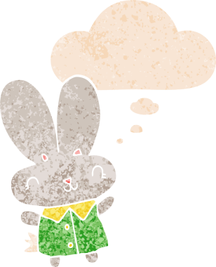 Sevimli çizgi film. Küçük tavşan. Düşünce baloncuğu içinde.