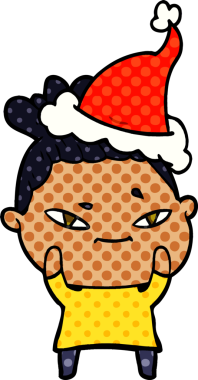 Bir insan tarafından çizilmiş Noel Baba şapkası giyen bir kadının el çizimi çizgi roman tarzı çizimi.