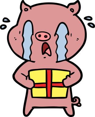 Ağlayan domuz çizgi filmi bir insan tarafından çizilmiş Noel hediyesini teslim ediyor.