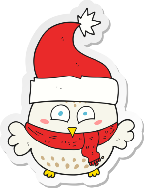 Bir insan tarafından çizilmiş Noel şapkası takan bir baykuşun çıkartması.