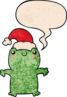 Bir insan tarafından çizilmiş eski moda konuşma baloncuklu Noel şapkası takan sevimli bir kurbağa.