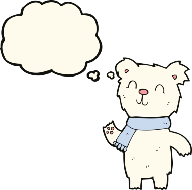 Bir insan tarafından çizilmiş düşünce baloncuklu şirin kutup ayısı yavrusu.