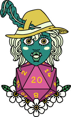 Retro Dövme Biçimi Yarı Ork Ozanı Bir insan tarafından çizilmiş 20 zar ile