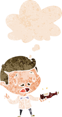 Düşünce baloncuğu ile çizgi film şarap uzmanı grunge sıkıntılı retro tarzı bir insan tarafından çizilmiş