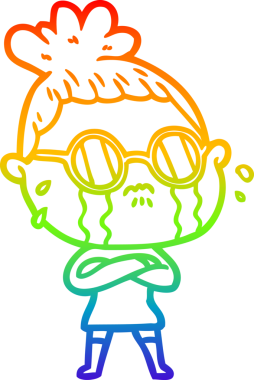 Gökkuşağı gradyan çizgi çizimi. Bir insan tarafından çizilmiş gözlük takan ağlayan bir kadın.