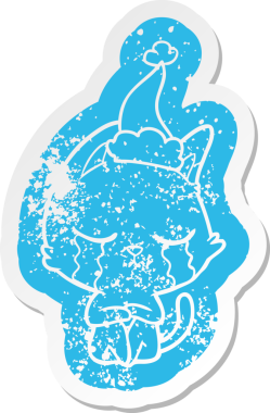 Ağlayan tuhaf çizgi film. Bir insan tarafından çizilmiş Noel Baba şapkası takan kedinin sıkıntılı çıkartması.