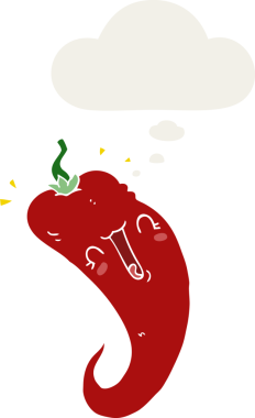 Düşünce baloncuklu kırmızı biber çizgi filmi bir insan tarafından çizilmiş.