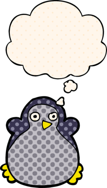 Çizgi roman tarzında bir insan tarafından çizilmiş düşünce baloncuğu olan penguen.