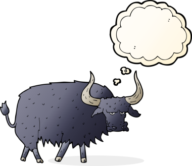 Bir insan tarafından çizilen düşünce baloncuğuyla kıllı öküzü kızdıran çizgi film.