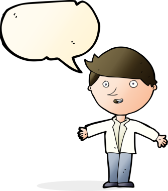 Bir insan tarafından çizilmiş konuşma balonu olan sıradan ceketli bir karikatür adamı.