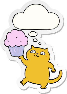 Düşünce baloncuklu kapkeki olan çizgi film kedisi bir insan tarafından çizilmiş çıkartma.