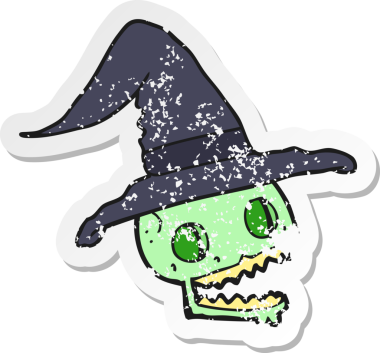 Bir insan tarafından çizilmiş cadı şapkası takan karikatür kafatası etiketi.