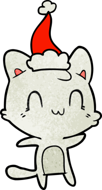Bir insan tarafından çizilmiş Noel Baba şapkası takan mutlu bir kedinin el çizimi karikatürü.