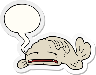 Bir insan tarafından çizilmiş, karikatürlü, hüzünlü, balonlu yaşlı bir balık.