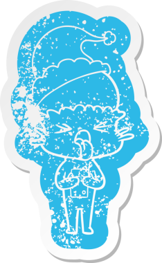 Bir insan tarafından çizilmiş Noel Baba şapkası giymiş bir uzaylının rahatsız edici bir karikatürü.