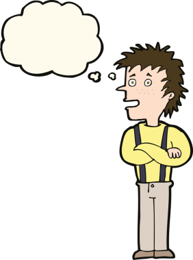 Bir insan tarafından çizilmiş düşünce balonuyla kollarını kavuşturmuş çizgi film çocuğu.