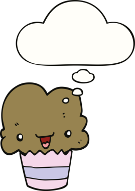 Bir insan tarafından çizilmiş, yüzü düşünce baloncuğu olan bir kek.